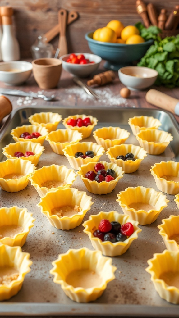 Golden gluten-free pie crust cups on a tray, some filled with fruit, others empty, in a rustic kitchen.